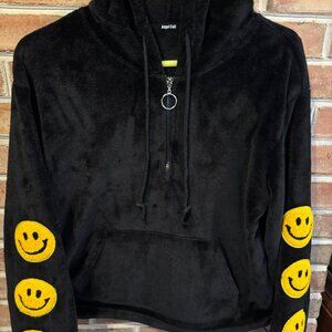 Angel Cult Smiley Face Black Fleece Hoodie Women's Sz M W/Half-Zip